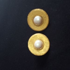 Large gold clip earrings w pearl insert